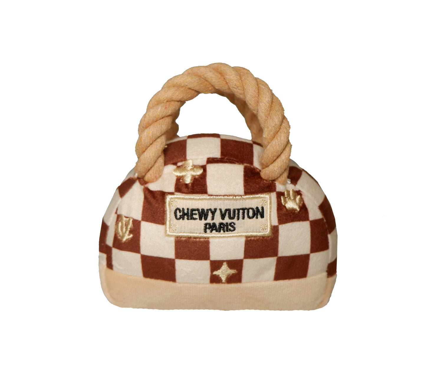 Luxury plush dog handbag toy with brown check pattern, rope-style handles, and “Chewy Vutton Paris” label. Soft squeaky designer-style chew toy for pets.