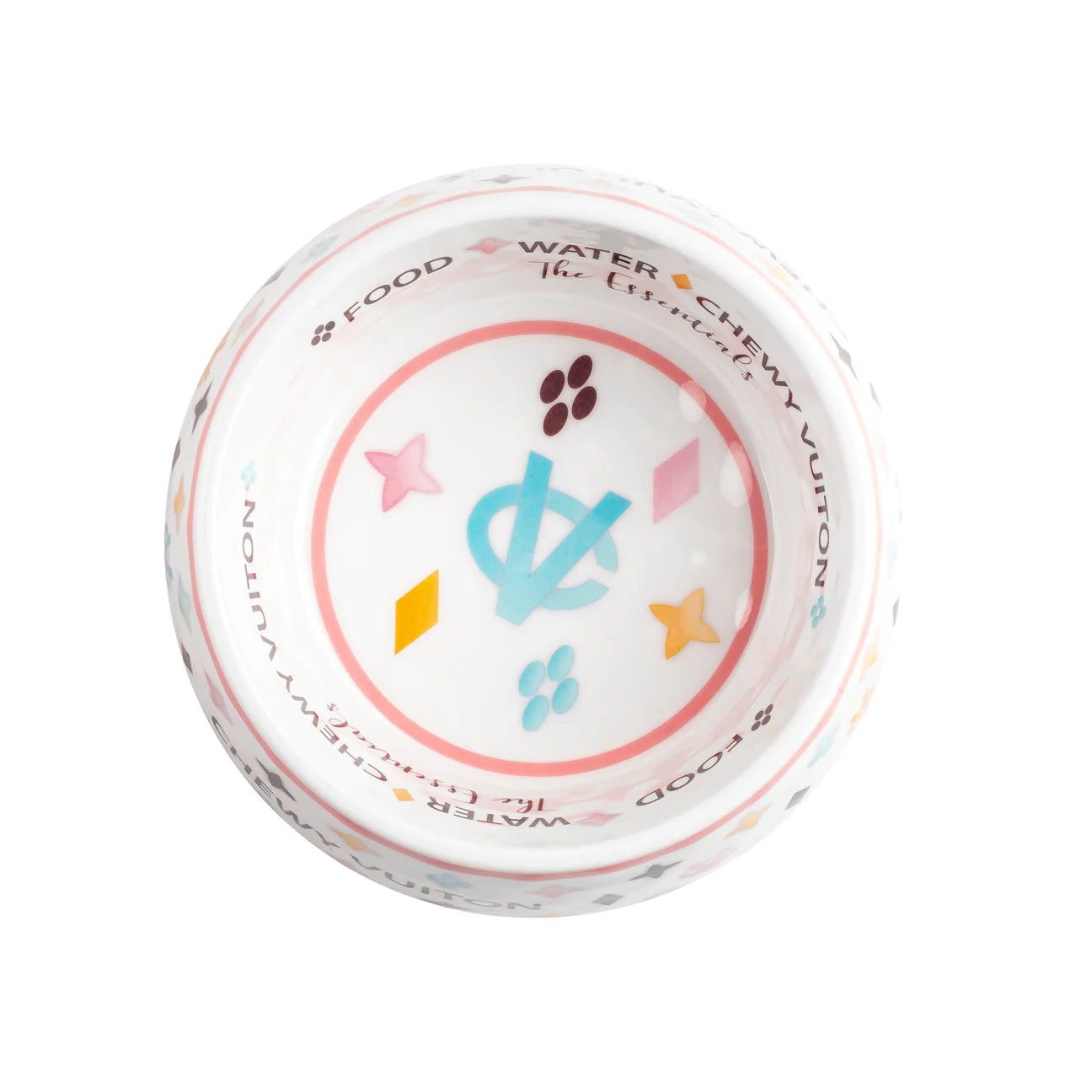 White ceramic pet bowl with pastel multicolor designer-style icons and “Chewy Vuiton” lettering, labeled for food and water with pink trim. Luxury feeding bowl for dogs and cats.