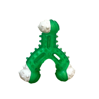 Green and white rubber dog chew toy with three arms and textured bumps for teething and dental cleaning.