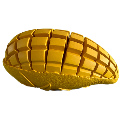 Yellow durable rubber dog chew toy shaped like a corn cob with textured raised blocks for teeth cleaning and chewing.
