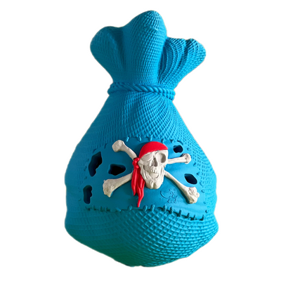 Blue dog chew toy shaped like a treasure loot sack with textured surface and a pirate skull and crossbones emblem wearing a red bandana. Durable rubber toy for chewing and play.