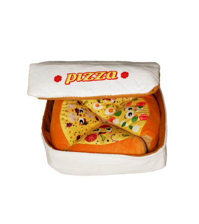 Plush pizza box dog toy with soft slice-shaped pieces inside, featuring colorful toppings and a white lid labeled “Pizza”. Interactive squeaky toy for pets.