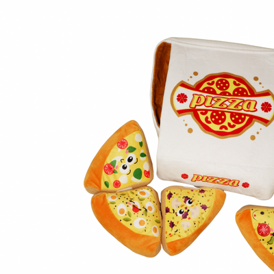 Plush pet pizza box toy with four removable pizza slice pieces.