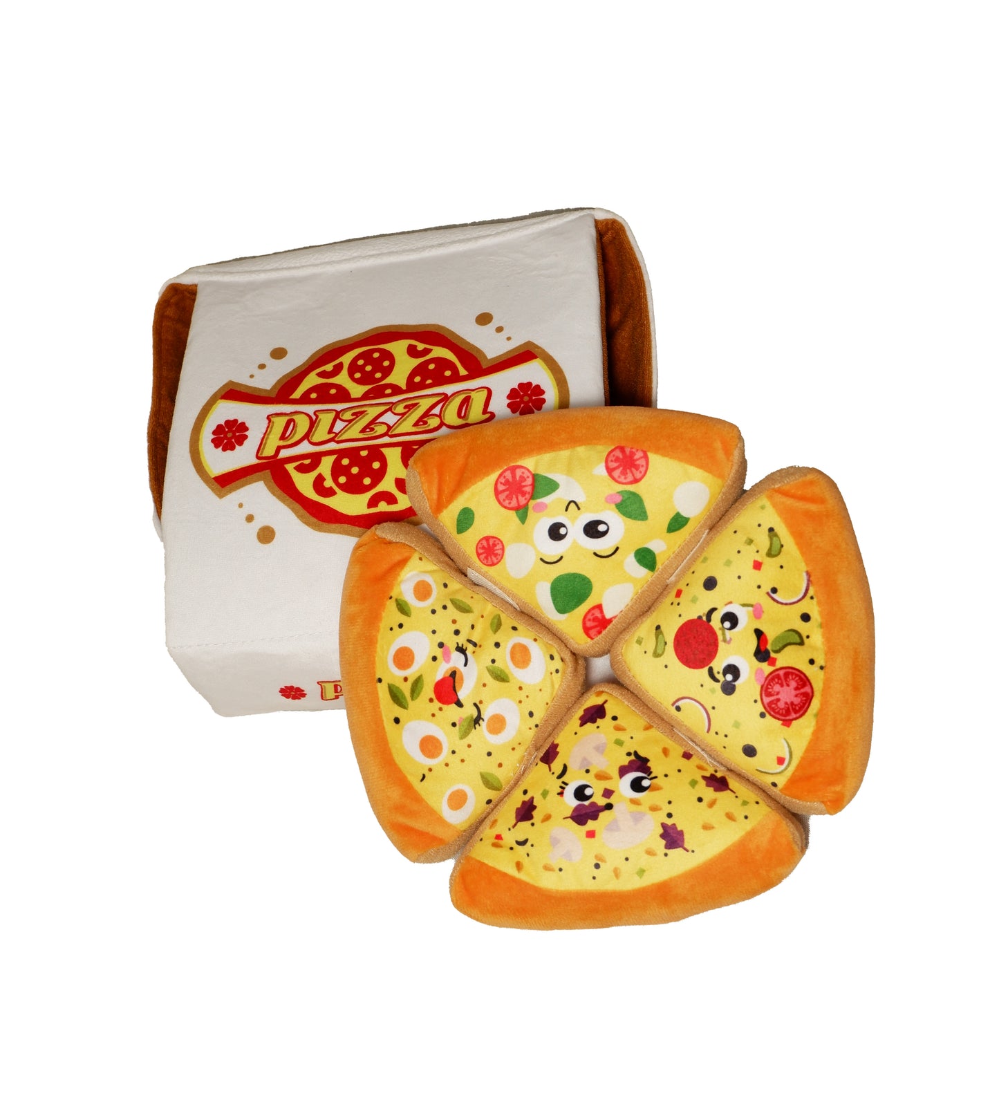 Plush pizza box dog toy with four soft removable pizza slice toys arranged in a circle in front of an open white pizza box labeled “Pizza”. Interactive squeaky toy for pets.