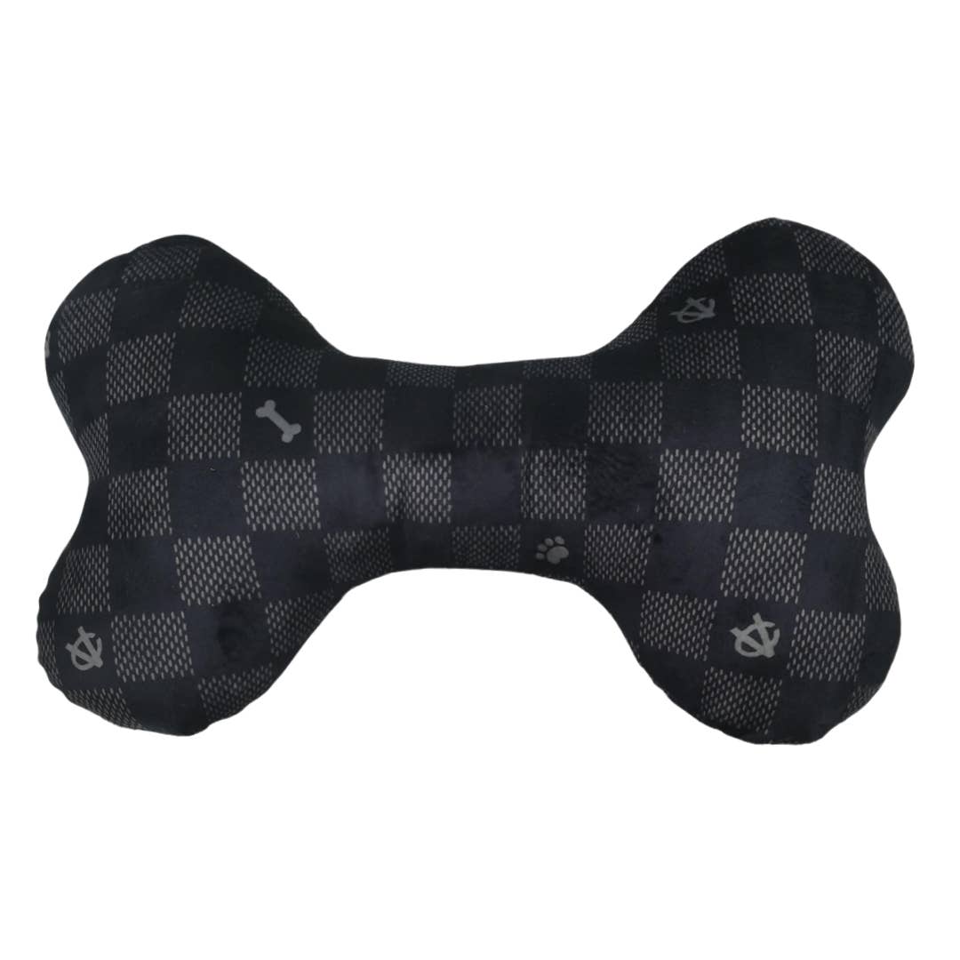 Luxury-inspired Chewy Vuiton black checkered plush dog bone toy with embroidered Paris label.