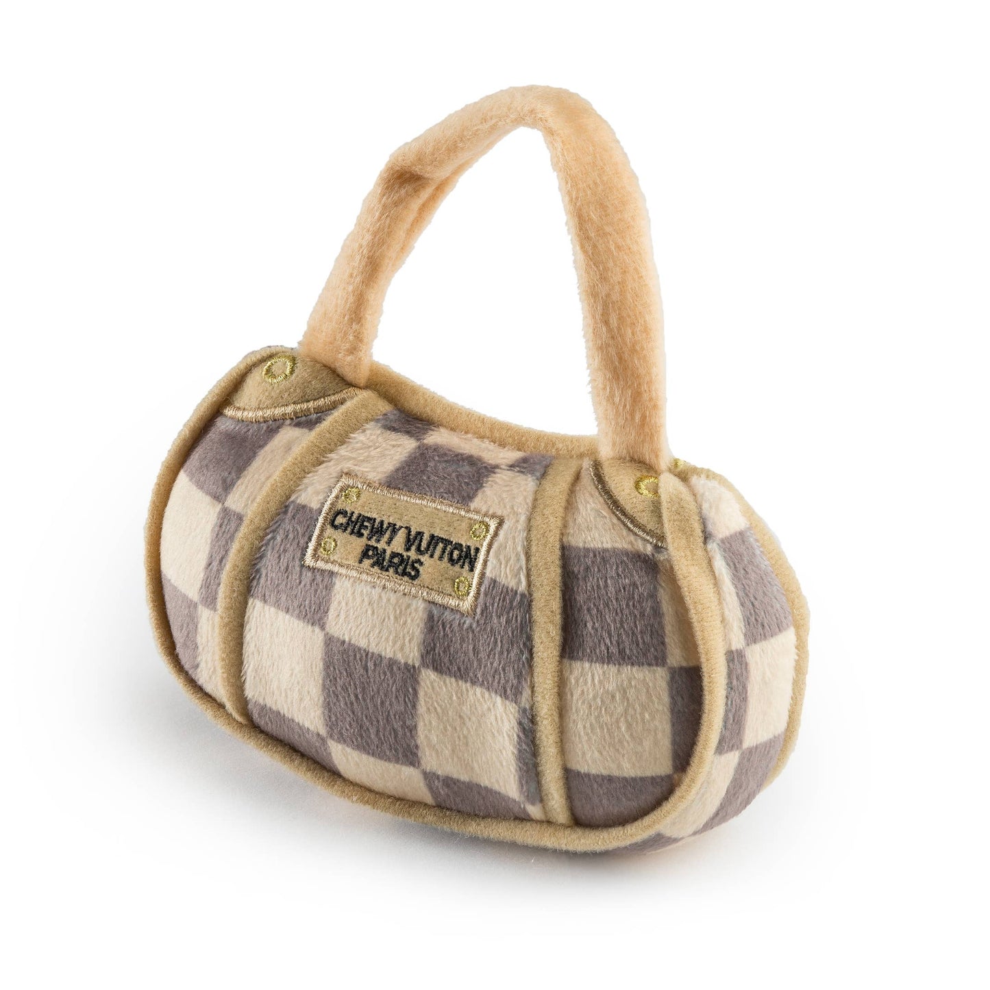 Two plush dog toys designed like Chewy Vuiton Paris handbags, featuring a beige and grey checkered pattern with soft handles, shown in large and small sizes.