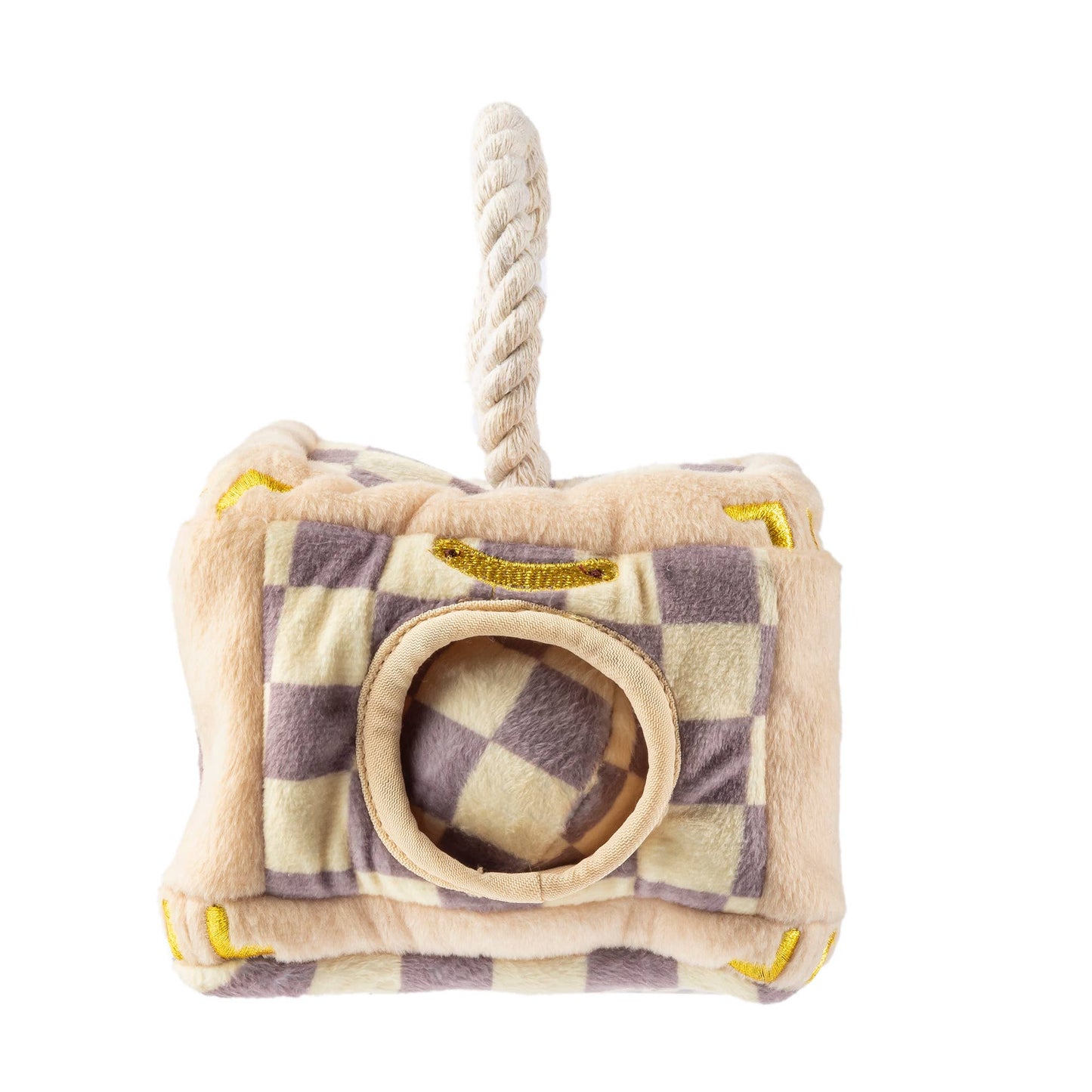 Plush interactive dog toy shaped like a designer-style trunk with a beige and lavender check pattern, rope handle, and “Chewy Vuiton Paris” label, including four matching plush balls to hide and retrieve.