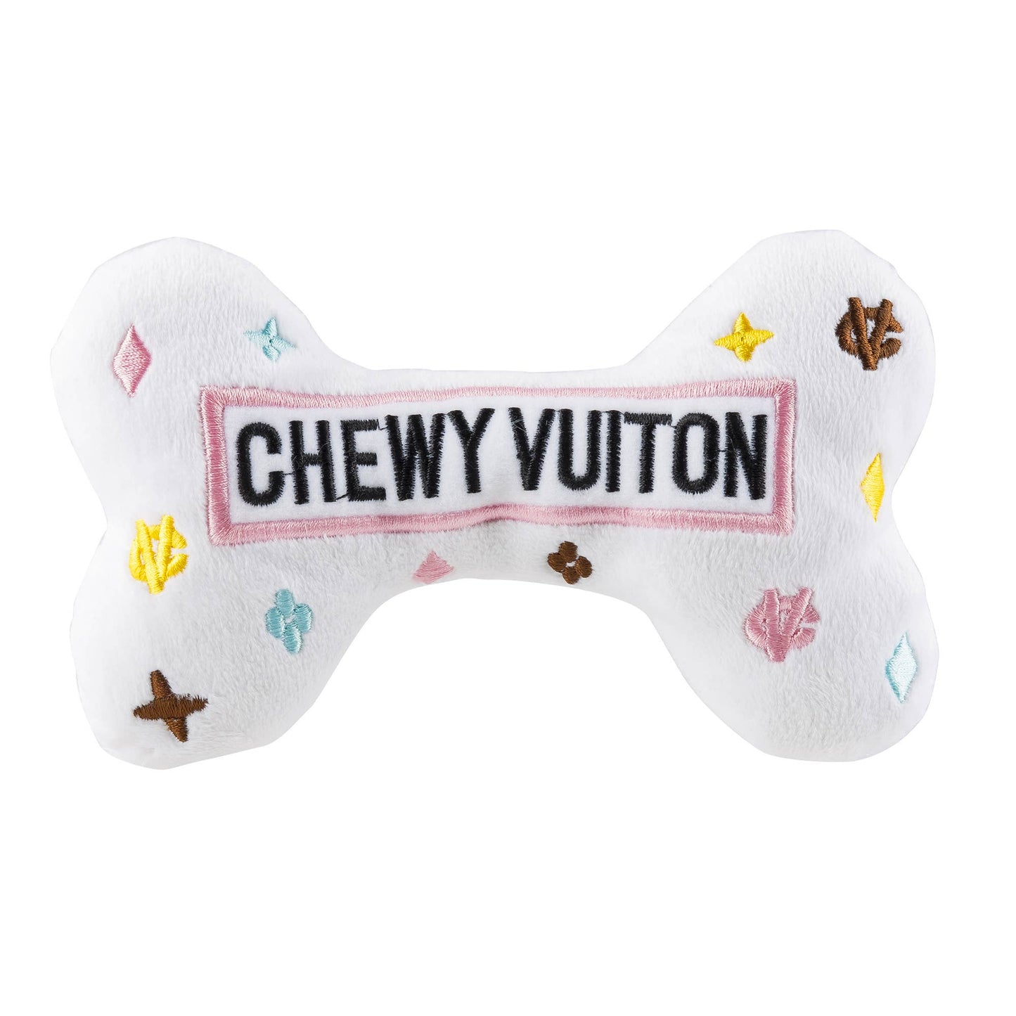Luxury-inspired white Chewy Vuiton plush dog bone toy with pastel embroidered designer motifs for dogs.