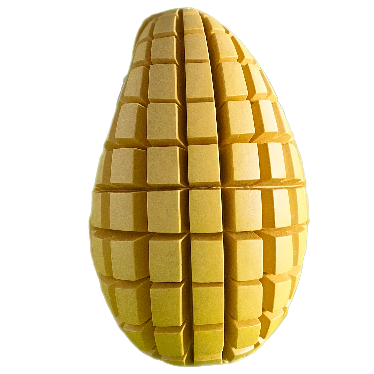 Yellow durable rubber dog chew toy shaped like a corn cob with textured raised blocks for teeth cleaning and chewing.