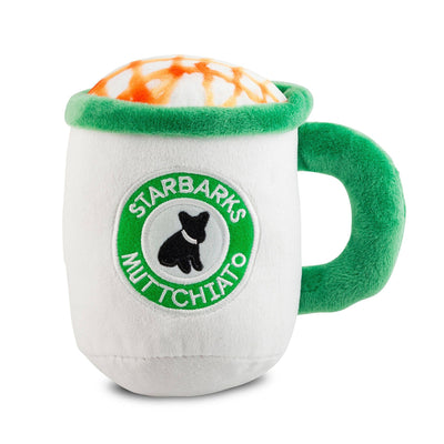 Starbarks Muttchiato plush dog toy shaped like a coffee cup with caramel foam design—soft squeaky coffee-themed dog toy.