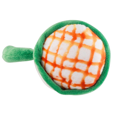 Starbarks Muttchiato plush dog toy shaped like a coffee cup with caramel foam design—soft squeaky coffee-themed dog toy.