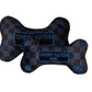 Plush dog bone toy in black and blue check pattern with blue embroidered icons and a “Chewy Vutton Paris” label. Luxury designer-style squeaky chew toy for pets.