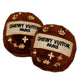 Two brown plush dog balls featuring the Chewy Vuiton Paris logo and gold embroidered symbols, designed as luxury-themed dog toys.