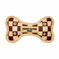 Luxury plush dog bone toy with brown check pattern and embroidered “Chewy Vutton Paris” label. Soft squeaky designer-style chew toy for pets.