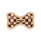 Luxury plush dog bone toy with brown check pattern and embroidered “Chewy Vutton Paris” label. Soft squeaky designer-style chew toy for pets.