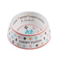 White ceramic pet bowl with pastel multicolor designer-style icons and “Chewy Vuiton” lettering, labeled for food and water with pink trim. Luxury feeding bowl for dogs and cats.