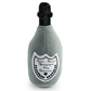 Plush dog toy shaped like a champagne bottle in grey and black with an embroidered label reading “Dog Perignon”. Soft squeaky novelty chew toy for pets.