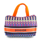 Plush dog toy shaped like a handbag with colorful geometric pattern, orange handles, and “Dogior” embroidered on the front. Soft designer-style squeaky chew toy for pets.