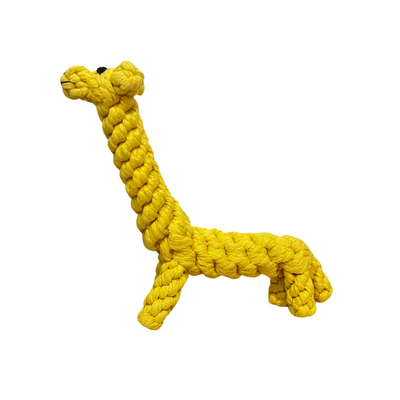 Yellow braided rope dog toy shaped like a giraffe, durable chew and tug toy for pets.