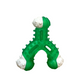 Green and white rubber dog chew toy with three arms and textured bumps for teething and dental cleaning.