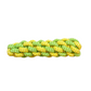 Braided rope dog chew toy in green and yellow. Durable woven tug and chew toy for pets.