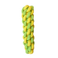Braided rope dog chew toy in green and yellow. Durable woven tug and chew toy for pets.
