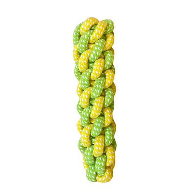 Braided rope dog chew toy in green and yellow. Durable woven tug and chew toy for pets.