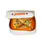 Plush pizza box dog toy with soft slice-shaped pieces inside, featuring colorful toppings and a white lid labeled “Pizza”. Interactive squeaky toy for pets.