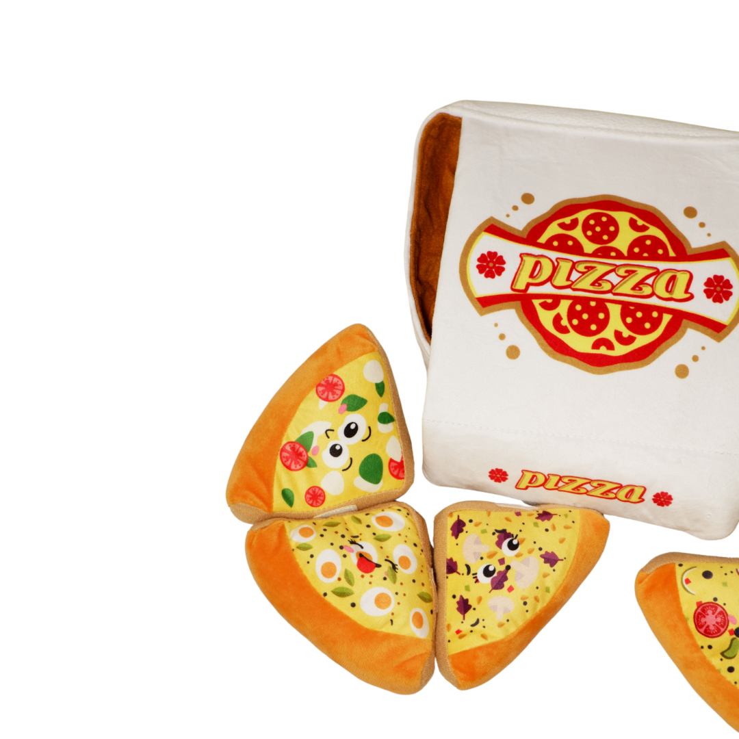 Plush pet pizza box toy with four removable pizza slice pieces.