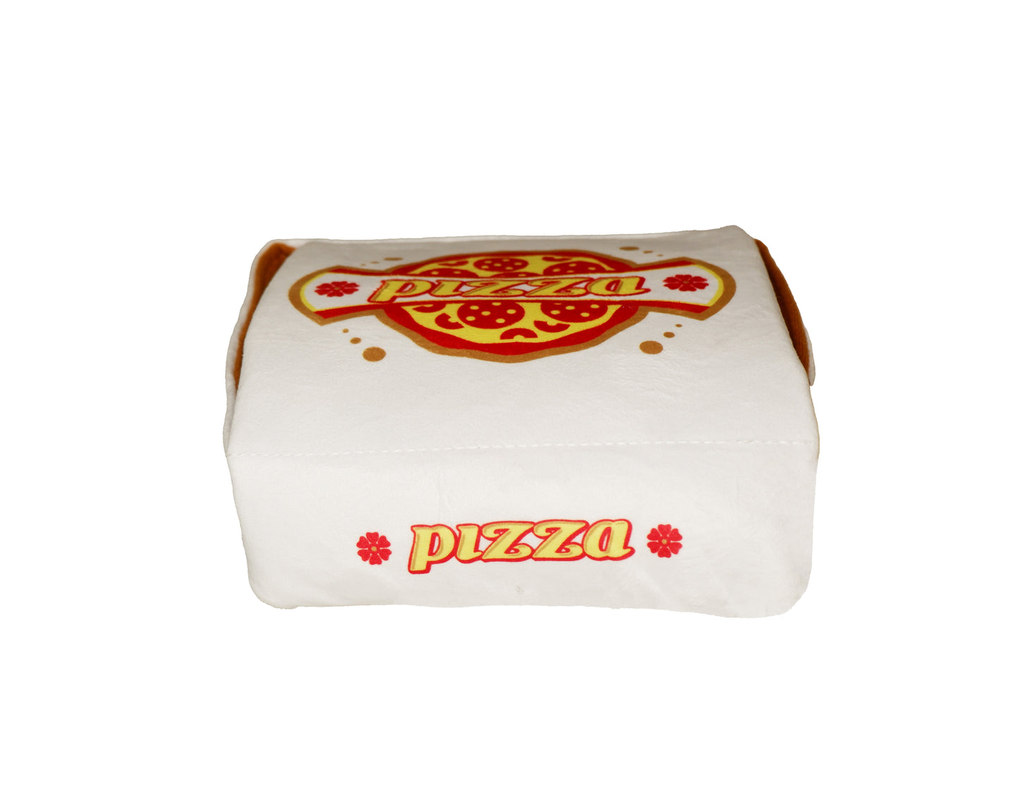 Closed plush pizza box dog toy in white with red and yellow “Pizza” logo on the lid and front. Soft squeaky toy for pets.