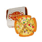 Plush pizza box dog toy with four soft removable pizza slice toys arranged in a circle in front of an open white pizza box labeled “Pizza”. Interactive squeaky toy for pets.
