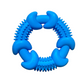 Blue circular rubber dog chew toy with textured bumps and curved segments for teething and dental cleaning.