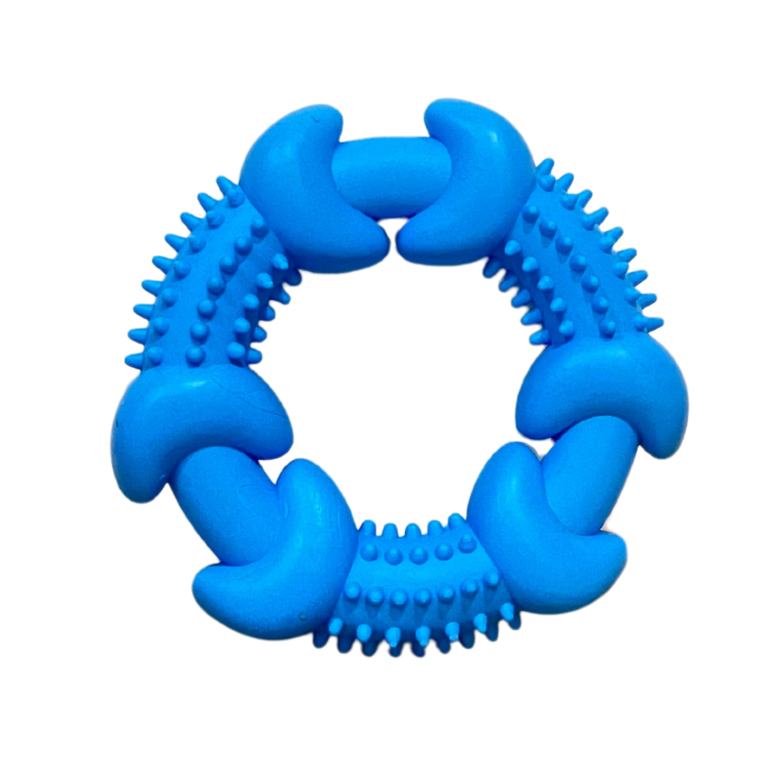 Blue circular rubber dog chew toy with textured bumps and curved segments for teething and dental cleaning.