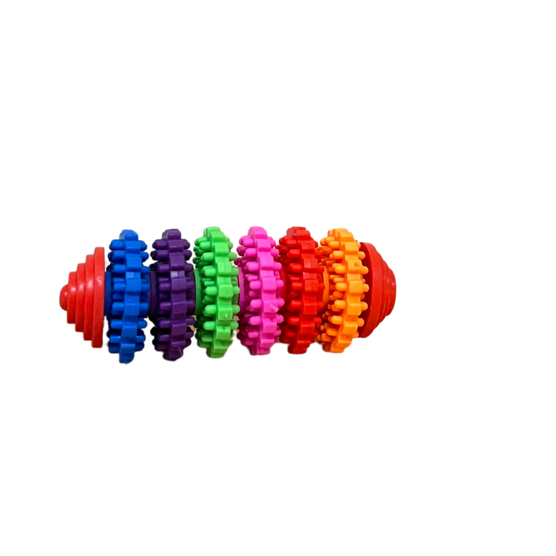 Colorful rubber dog chew toy with multiple textured gears in red, orange, yellow, green, pink, purple, and blue. Dental cleaning teething toy for pets.