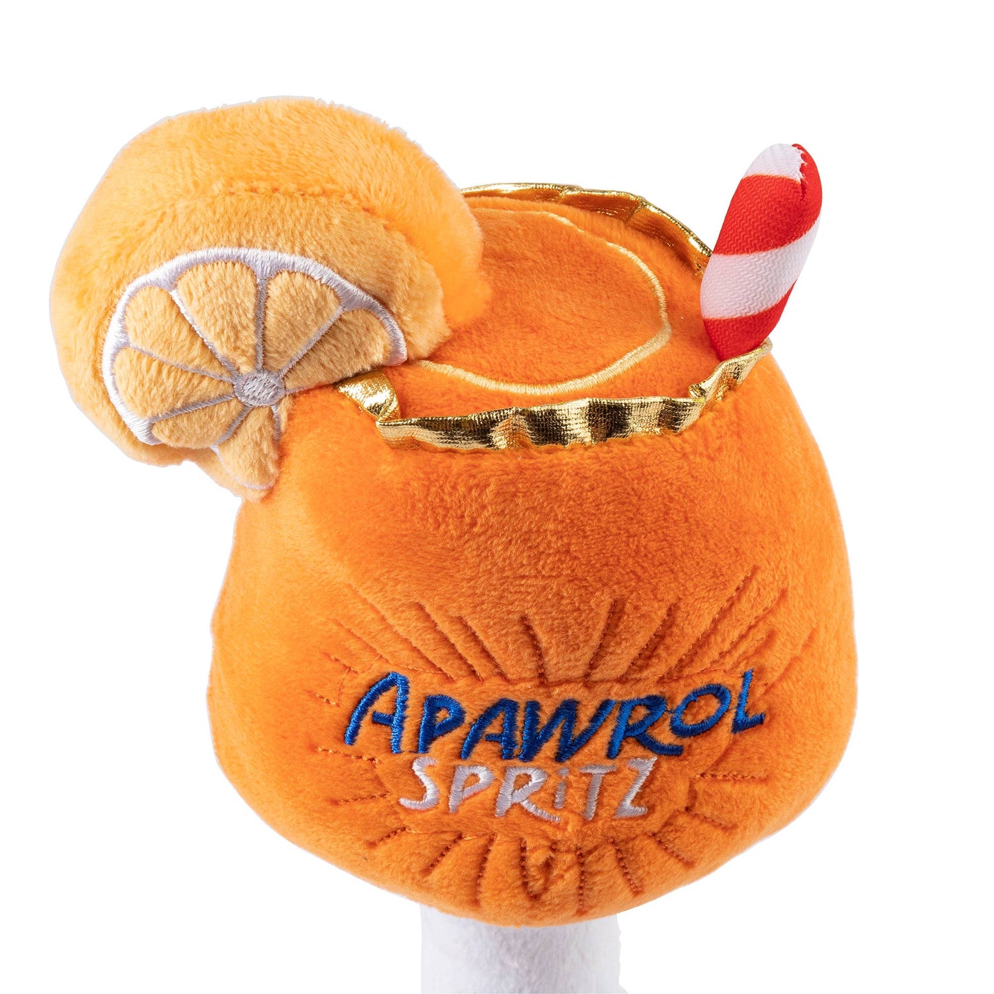 Plush dog toy shaped like an Apawrol Spritz cocktail glass with an orange slice and straw, featuring embroidered details. Soft squeaky novelty chew toy for pets.