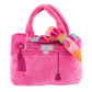 Plush dog toy shaped like a handbag with soft handles and embroidered text “Rich Bitch” on the front. Available in pink and orange colors. Luxury squeaky chew toy for pets.