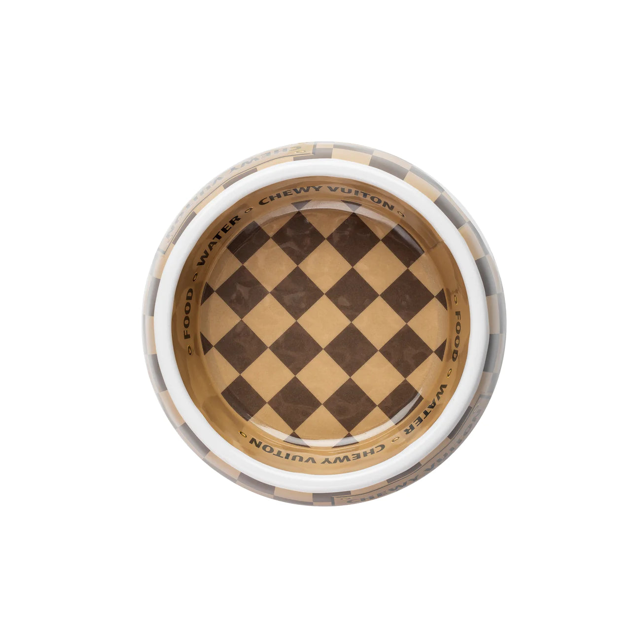 Stacked set of ceramic pet bowls in brown check pattern with gold “Chewy Vuiton Paris” labels. Luxury designer-style food and water bowls for dogs and cats.