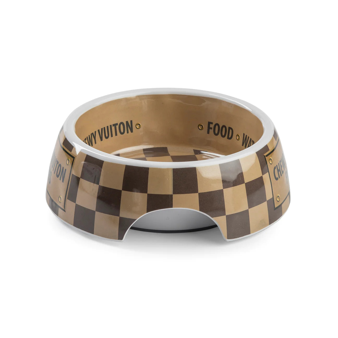 Stacked set of ceramic pet bowls in brown check pattern with gold “Chewy Vuiton Paris” labels. Luxury designer-style food and water bowls for dogs and cats.