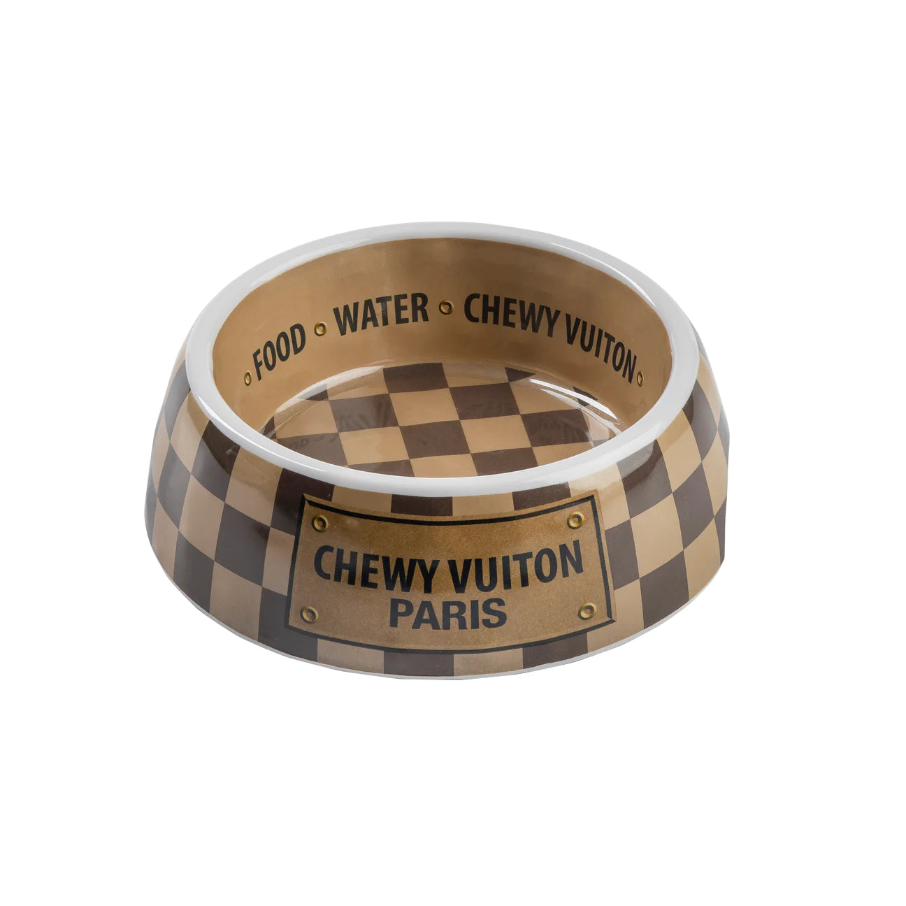 Stacked set of ceramic pet bowls in brown check pattern with gold “Chewy Vuiton Paris” labels. Luxury designer-style food and water bowls for dogs and cats.