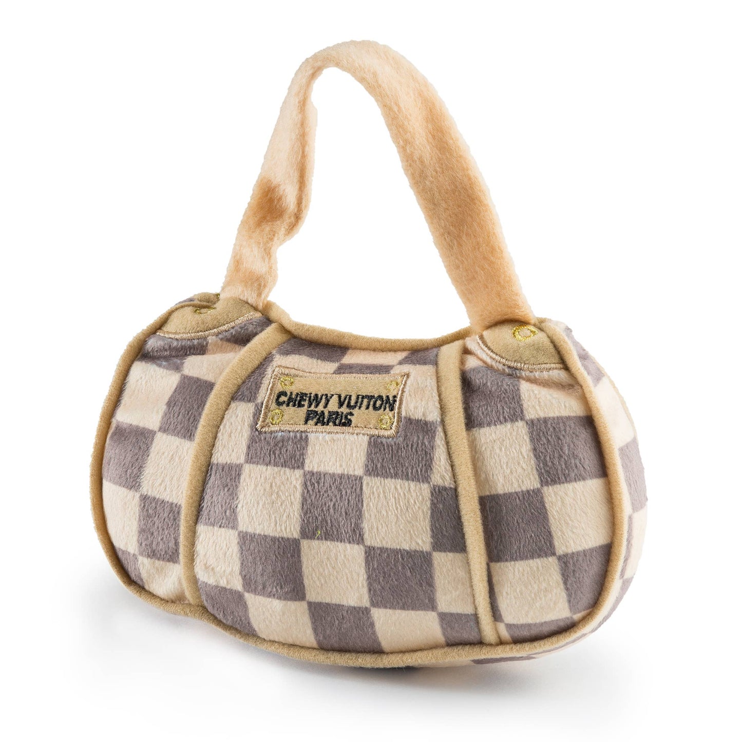 Two plush dog toys designed like Chewy Vuiton Paris handbags, featuring a beige and grey checkered pattern with soft handles, shown in large and small sizes.