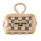 Plush interactive dog toy shaped like a designer-style trunk with a beige and lavender check pattern, rope handle, and “Chewy Vuiton Paris” label, including four matching plush balls to hide and retrieve.