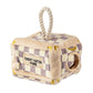 Plush interactive dog toy shaped like a designer-style trunk with a beige and lavender check pattern, rope handle, and “Chewy Vuiton Paris” label, including four matching plush balls to hide and retrieve.