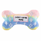 Pastel rainbow plush dog bone toy in pink, blue, and yellow gradient with white embroidered icons and a “Chewy Vuiton Paris” label. Soft luxury squeaky chew toy for pets.