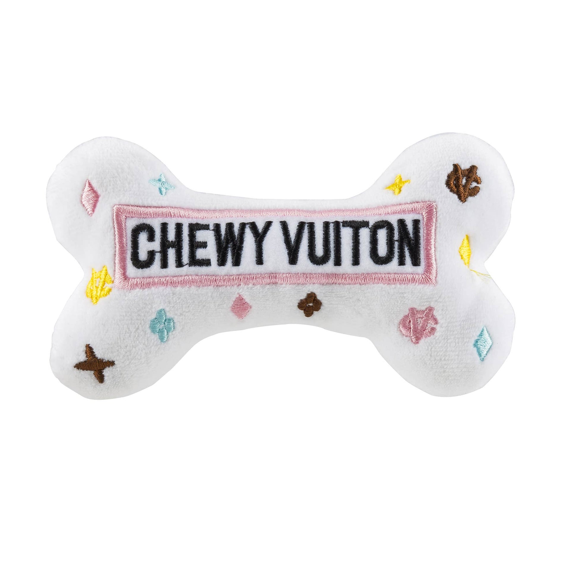 Luxury-inspired white Chewy Vuiton plush dog bone toy with pastel embroidered designer motifs for dogs.
