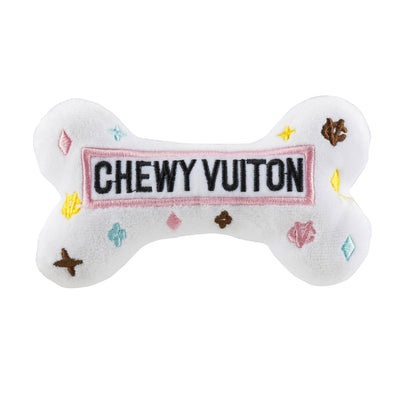 Luxury-inspired white Chewy Vuiton plush dog bone toy with pastel embroidered designer motifs for dogs.