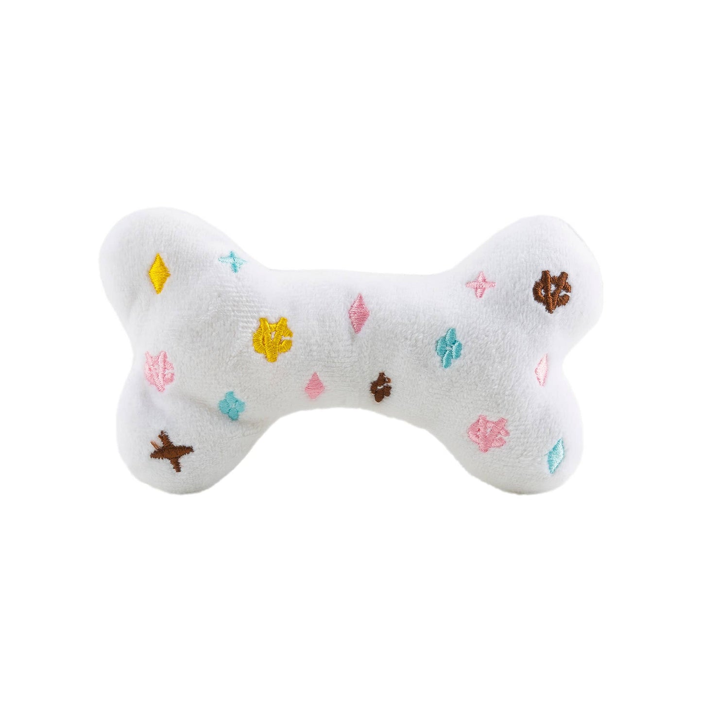 Luxury-inspired white Chewy Vuiton plush dog bone toy with pastel embroidered designer motifs for dogs.