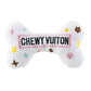 Luxury-inspired white Chewy Vuiton plush dog bone toy with pastel embroidered designer motifs for dogs.