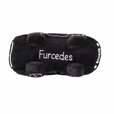 Black plush dog toy shaped like a luxury sports car with embroidered window, wheel, and headlight details. Soft squeaky toy for pets.
