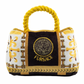 Plush dog toy designed like a luxury handbag with a gold rope handle, ornate white and gold baroque patterns, and an embroidered “Fursace” logo on the front.