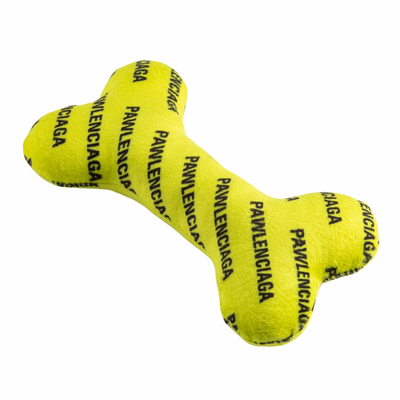 Bright yellow plush dog bone toy with black repeating “Pawlenciaga” text pattern. Soft squeaky designer-style chew toy for pets.